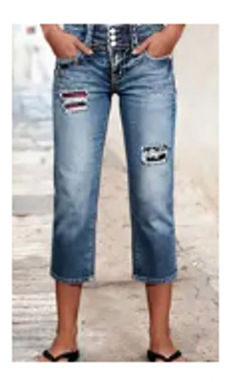 NWT  Star Embroidered Patched Ripped High Rise Straight Leg Capri Jeans Sz XL